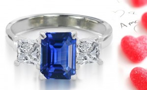 Finest in Paris: Large Top Stone 3 Stone Emerald-Cut Fine Blue Sapphire & Square Cut Side Diamond Ring 14k Gold