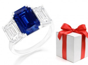 All Gifted With A Touch of Imagination: Emerald Cut Fine Blue Sapphire & Diamond Three Stone 2 Side Stone Ring Size 6