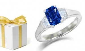 Performed Real Miracles: 3 Stone Emerald Cut Fine Blue Sapphire Ring 2 Side Stones Trapezoid Diamond in 14k White