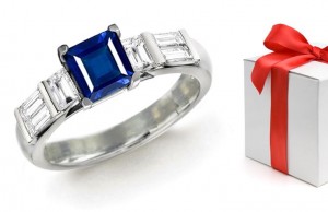 Specially Cut & Perfectly Matched: Treasured Square Fine Blue Sapphire & Baguette Diamond Anniversary Ring