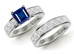 Perfect Looking Sapphire Rings: 7 Stone Princess Cut Diamond & Sapphire Ring & Matching Diamonds Gold Band