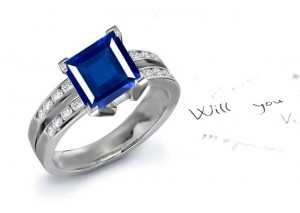 Beautiful Rich Blue Color: Split Shank Specially Cut & Matched Square Fine Blue Sapphire & Round Diamond 14k Gold Ring