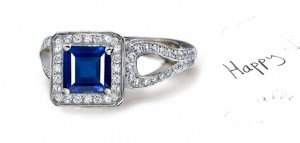 Greatly Appreciated: Art Deco Style Princess Cut Fine Blue Sapphire in Square Metal Frame, Diamonds Shoulders