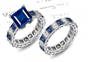 Stone of Destiny: Classic Square Fine Blue Sapphire & Princess Cut Diamond Ring & Matching Diamonds Band