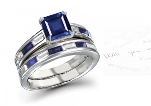 Creative Composition Pieces Features Square Cut Matched Sapphire Baguette Diamond & Fine Blue Sapphire Ring & Band