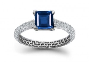 French Arts Pave' Classic Pieces: Original Fearuring Large Square Fine Blue Sapphire Ring with Pave Set Diamond Accents