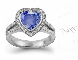 The Sacred Character: ART DECO Heart Blue Fine Blue Sapphire & Diamond Halo Ring with Split Shank Ring in Silver