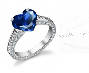 Heart Blue Sapphire & Baguette Diamond Ring With Diamonds Sprinkle Sides, Gold, Silver