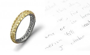 French Micropave Round Yellow Fine Blue Sapphire Eternity Ring in Platinum, Silver & Gold