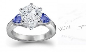 Specially Cut: Pears Fine Blue Sapphire & Pear Diamond Three Stone Anniversary Sensory Ring in Sun Kissed Yellow Gold