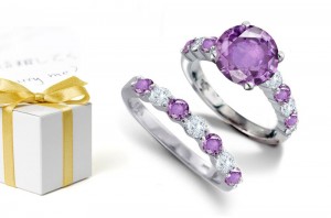 Rich Violet Hued Sapphires: Sapphire atop Round Cut Purple Sapphires & Purely Sparkling Diamonds & Engagement Ring & Sapphire Diamond Band