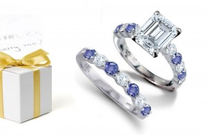 September Birthstone Ring: Emerald Cut Diamond atop Round Blue Sapphire & Diamond & Gemstones Ring & Sapphire Diamond Charming Band