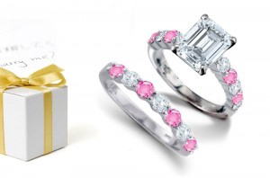 Thursday's Talismanic Gem: Phenomenal Quality Emerald Cut Diamond atop Round Rare Deep Pink Sapphires & Diamonds & Engagement Ring, Sapphire Diamond Band