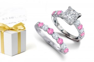 The Oculus Beli: Princess Cut Diamond atop Round Rare Deep Pink Sapphires & Diamonds & 14k Gold Ring & Sapphire Diamond Band