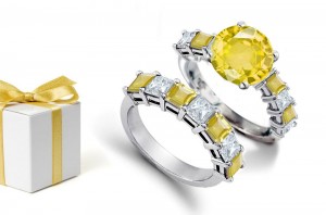 Impressive Sapphire Jewels: This 14K Yellow Gold Round Diamond & Sapphire Bridal Set