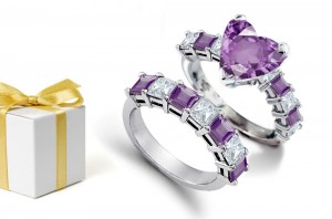 World-Famous Sapphires: Popular Heart Sapphire atop Square Deep Purple Sapphire Diamond & Gold Ring & Sapphire Diamond Wedding Gold Band