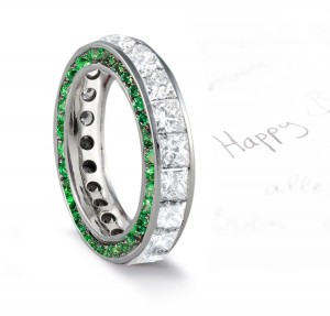 Micro pave Halo  Round Cut Diamond & Lush Green Emerald Eternity Rings