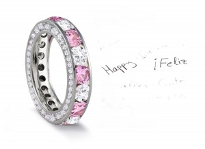 Micro pave Halo Brilliant Cut Round Diamond & Pink Sapphire Eternity Rings