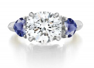Premium Quality Unique Round Cut Diamond & Blue Sapphire Heart Three Stone Rings
