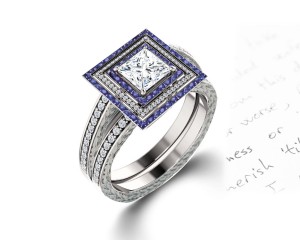 Delicate Micro Pave Halo Vivid Blue Sapphires & Brilliant-Cut Round Diamonds Designer Engagement Rings