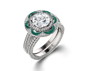 Made To Order Delicate Micro Pave Halo Vivid Green Emerald & Diamond Engagement Rings