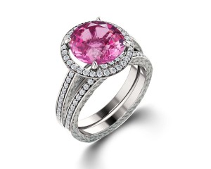 Delicate Micro Pave Halo Vivid Pink Sapphires & Brilliant-Cut Round Diamonds Designer Engagement Rings