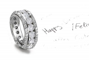 6 mm Wide Band with Circle of Round Diamonds & Sides Embossed Etched with Floral Scrolls & Motifs