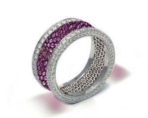 Delicate Women's Eternity Rings Featuring Vivid Purple Sapphires & Diamonds in Halo Precision Micro pave Settings