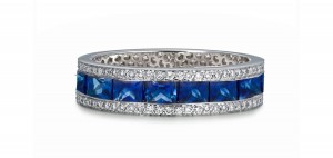 Shop Fine Quality Made To Order Round pave Prong Set Diamond & Square Blue Sapphire Eternity Style Wedding Bands