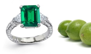 Emerald Half Hoop Rings: This 3 Stone Features Center Emerald Cut Emerald & Richly Cut Trillion Diamonds on Sides