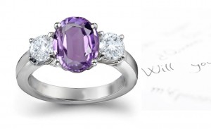 Oval Very Popular Purple Sapphire Three-Stone Sapphire Engagement Ring with Round Diamonds