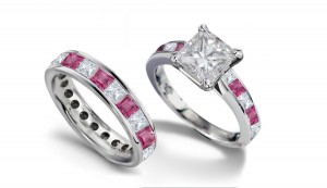 Princess Cut Diamond & Pink Sapphire Engagement Ring & Diamond Sapphire Band