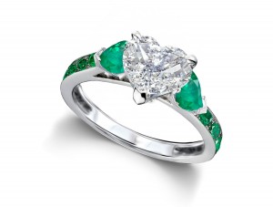 Heart Diamond & Emerald Three Stone Engagement Ring With Side Accents