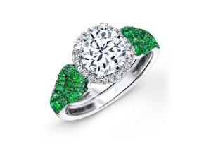 Made To Order Rings With French Pave Halo Brilliant Cut Round Diamonds & Emeralds