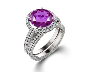 Delicate Micro Pave Halo Vivid Purple Sapphires & Brilliant-Cut Round Diamonds Designer Engagement Rings