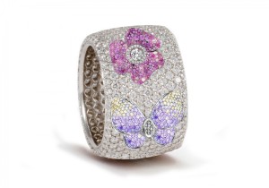 High Quality French pavee Multi-Colored Sapphire & Brilliant-Cut Round Diamond Butterfly & Flower Eternity Rings & Bands