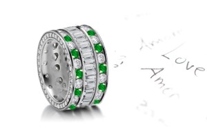 Fascinating: Stacked 3 Emerald & Diamond Halo Band in Platinum & Gold