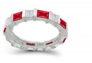 Princess Cut Diamond Baguette Ruby Wedding Band in 14k Gold