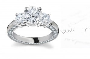 Special Design Three Stone Brilliant Cut Round Diamond Halo Ring in Gold