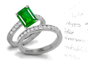 Rich Green Emerald Cut Emerald & Round Diamond Accent Ring & Platinum Diamond Band