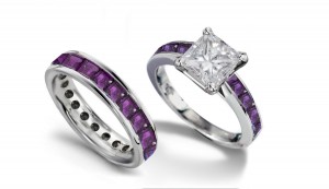 Princess Cut Diamond & Purple Sapphire Engagement Ring & Matching Band