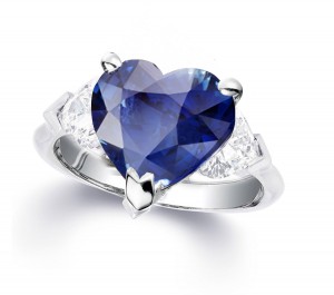 Custom Manufactured Three Stone Heart-Shaped Diamonds & Blue Sapphire Ring