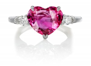 Premium Quality Unique Pear Shaped Diamonds & Pink Sapphire Heart Three Stone Rings