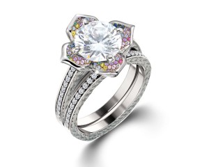 Delicate Micro Pave Halo Vivid Flower Blue Sapphires & Brilliant-Cut Round Diamonds Designer Engagement Rings