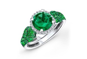 Made To Order Rings With French Pave Halo Brilliant Cut Round Diamonds & Emeralds