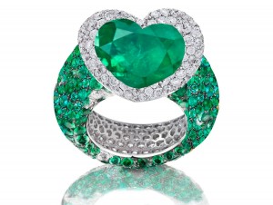 Handcrafted Heart Emerald & Micro Pave Diamond Halo Ring