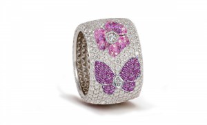 High Quality French pavee Multi-Colored Sapphire & Brilliant-Cut Round Diamond Butterfly & Flower Eternity Rings & Bands