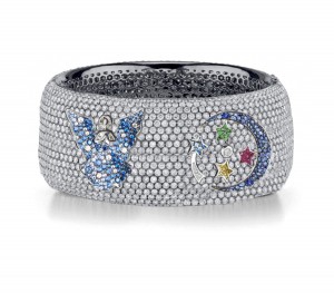 Delicate French pavee Sparkling Brilliant-Cut Round Diamonds & Vivid Multi-Colored Precious Stones Eternity Rings & Bands Featuring Fairy, Moon & Stars