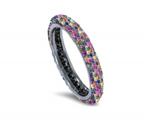 Delicate Women's Eternity Rings Featuring Multi-Colored Diamonds and Gemstones in Halo Precision Micro pave Settings