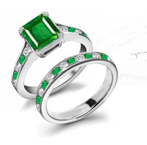 Solitaire Square Natural Emerald & Round Emerald & Diamond Ring & Band in Gold Start $3000